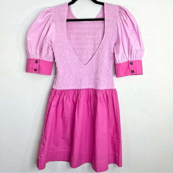 NWT GANNI COLOUR BLOCK Organic COTTON POPLIN SMOCKED MINI DRESS IN PHLOX PINK 38 - Picture 4 of 17